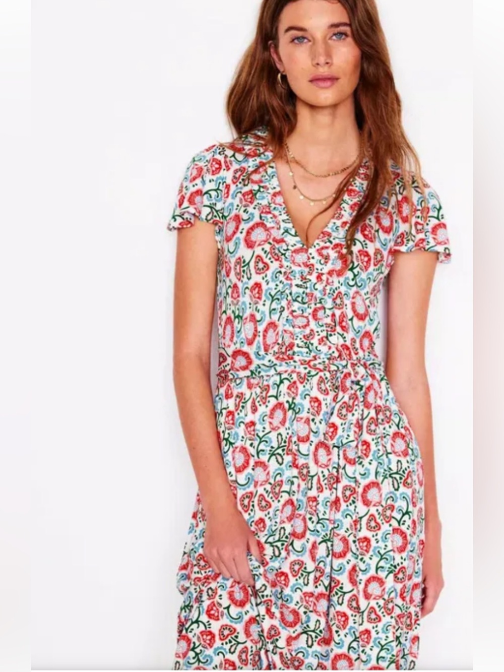 Boden Nicola Jersey Tea Dress Ivory Floral Garden Vine Ruffle Midi Sz 16-18L NEW - Picture 5 of 10